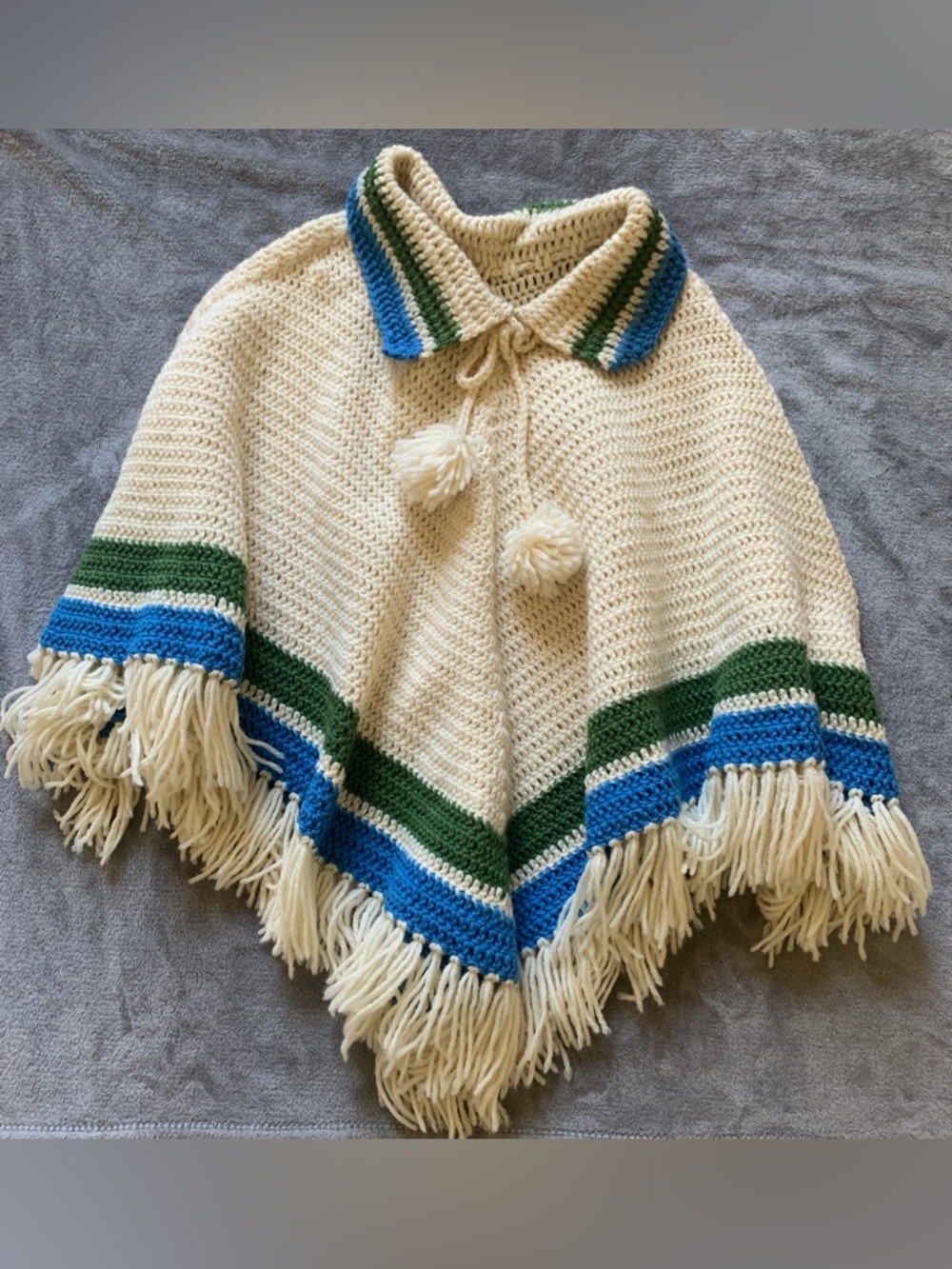 Hand made vintage Fringe Poncho with Blue and Green Stripes
